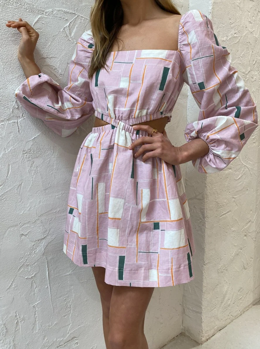 By Nicola Affogato Gathered Waist Dress in Floss Geo - Image 6