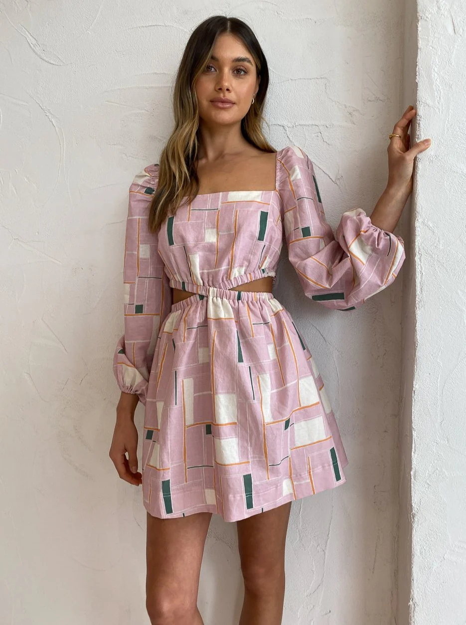 By Nicola Affogato Gathered Waist Dress in Floss Geo - Image 7