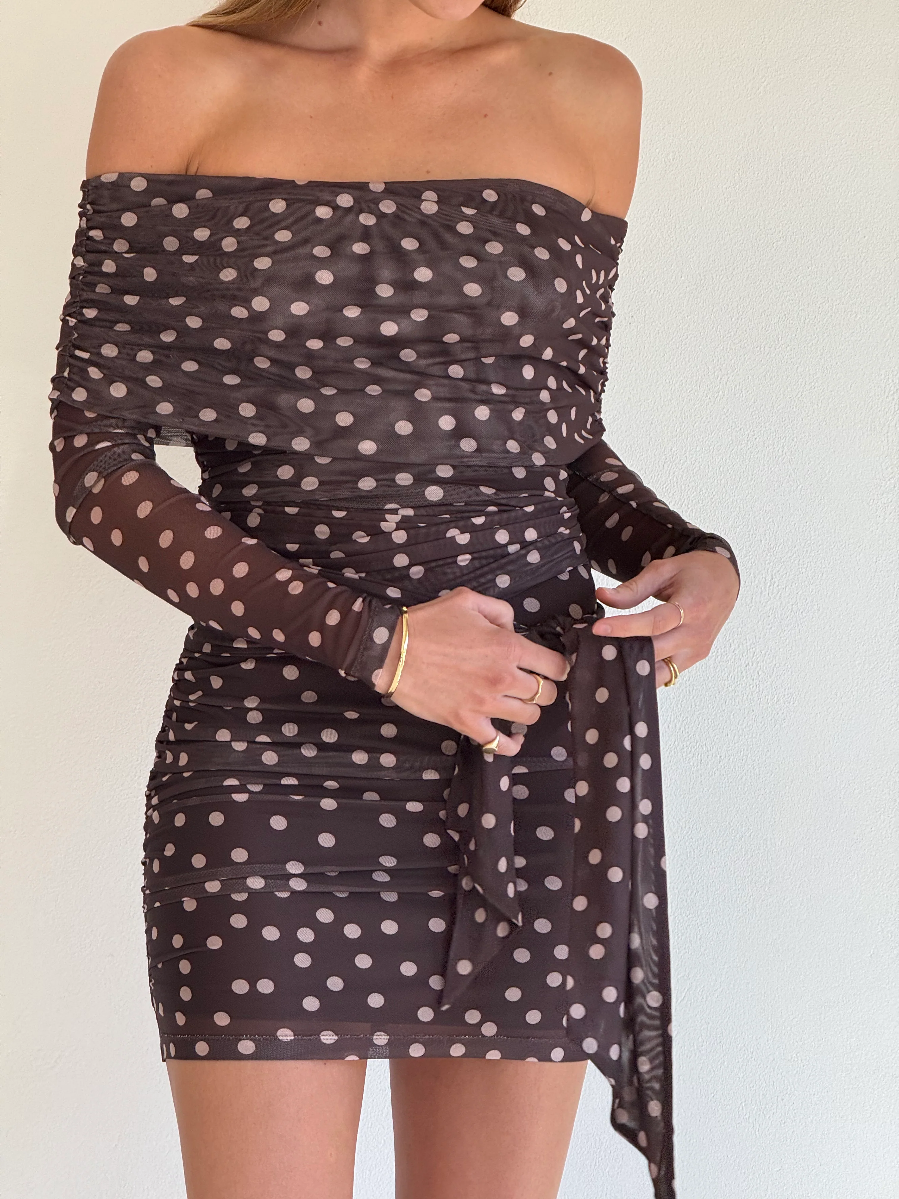 By Nicola Boston Mini Dress in Chocolate Polka - Image 6