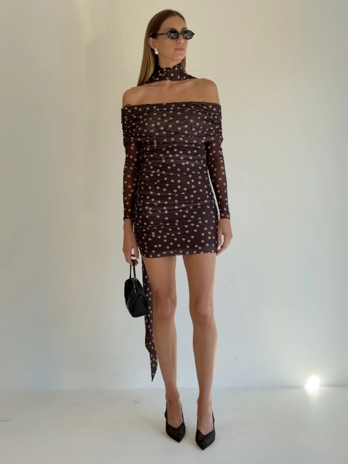 By Nicola Boston Mini Dress in Chocolate Polka - Image 9