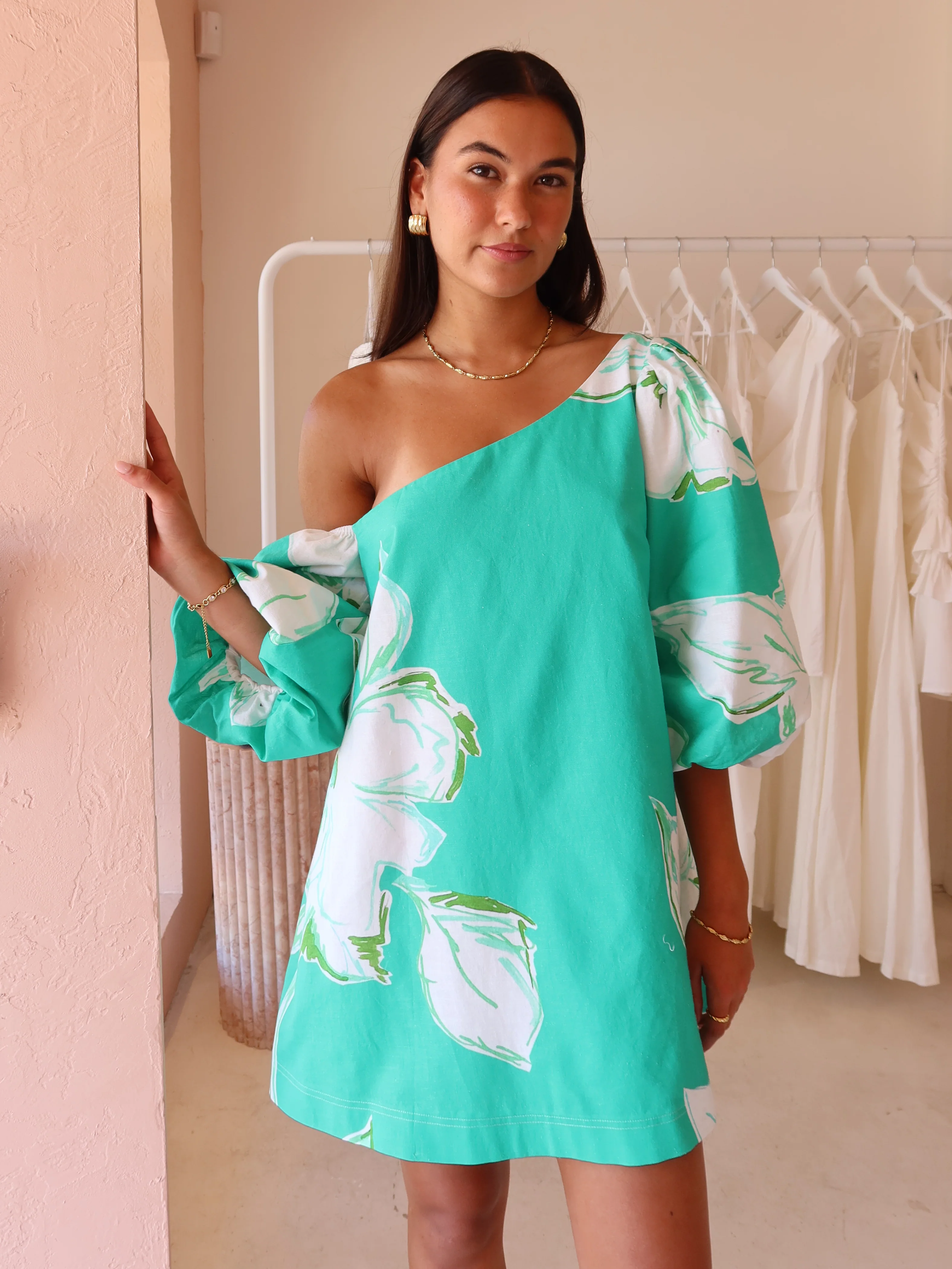 By Nicola Capri Off Shoulder Relaxed Mini Dress in Verde Fleur