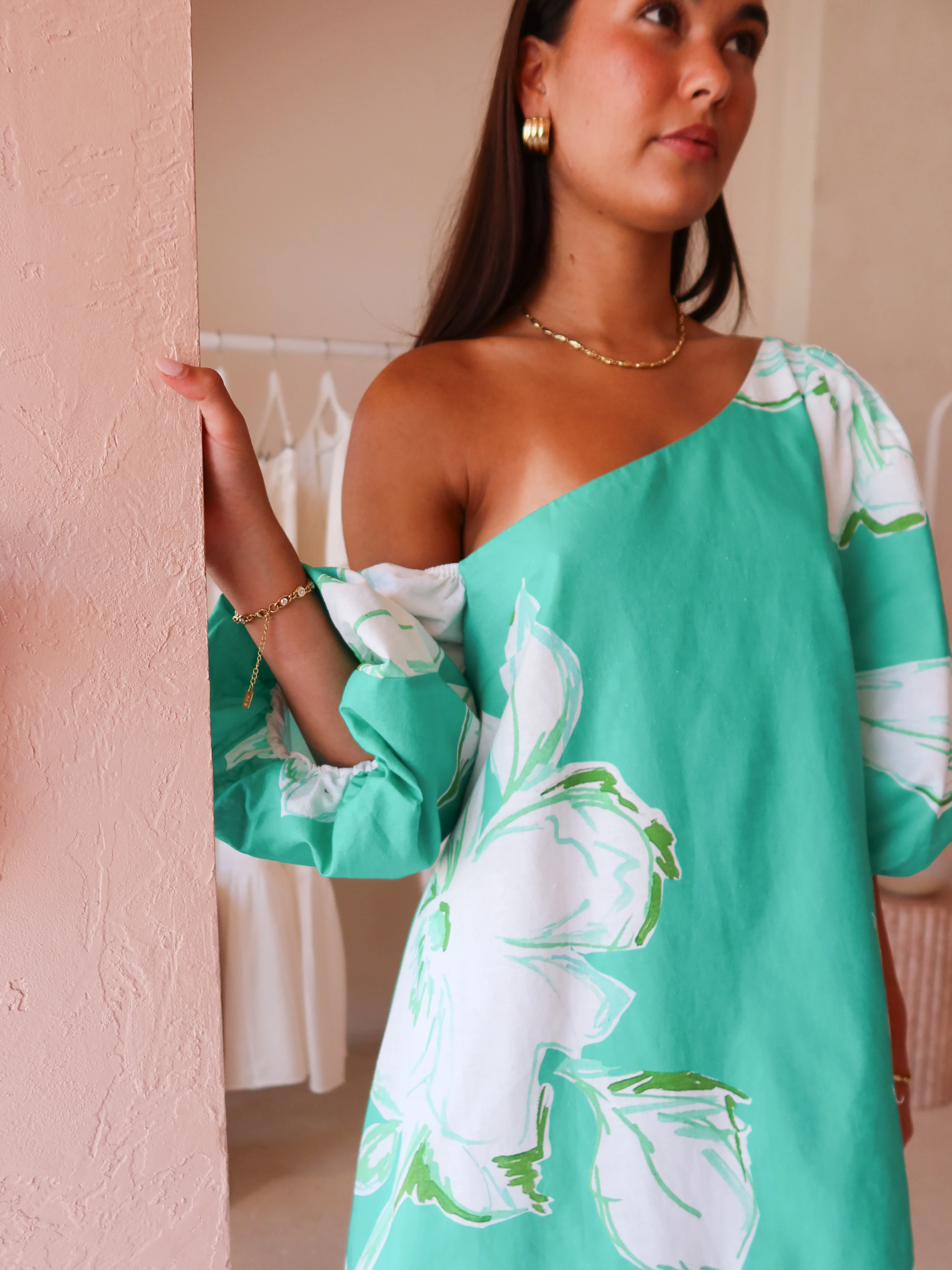 By Nicola Capri Off Shoulder Relaxed Mini Dress in Verde Fleur - Image 2