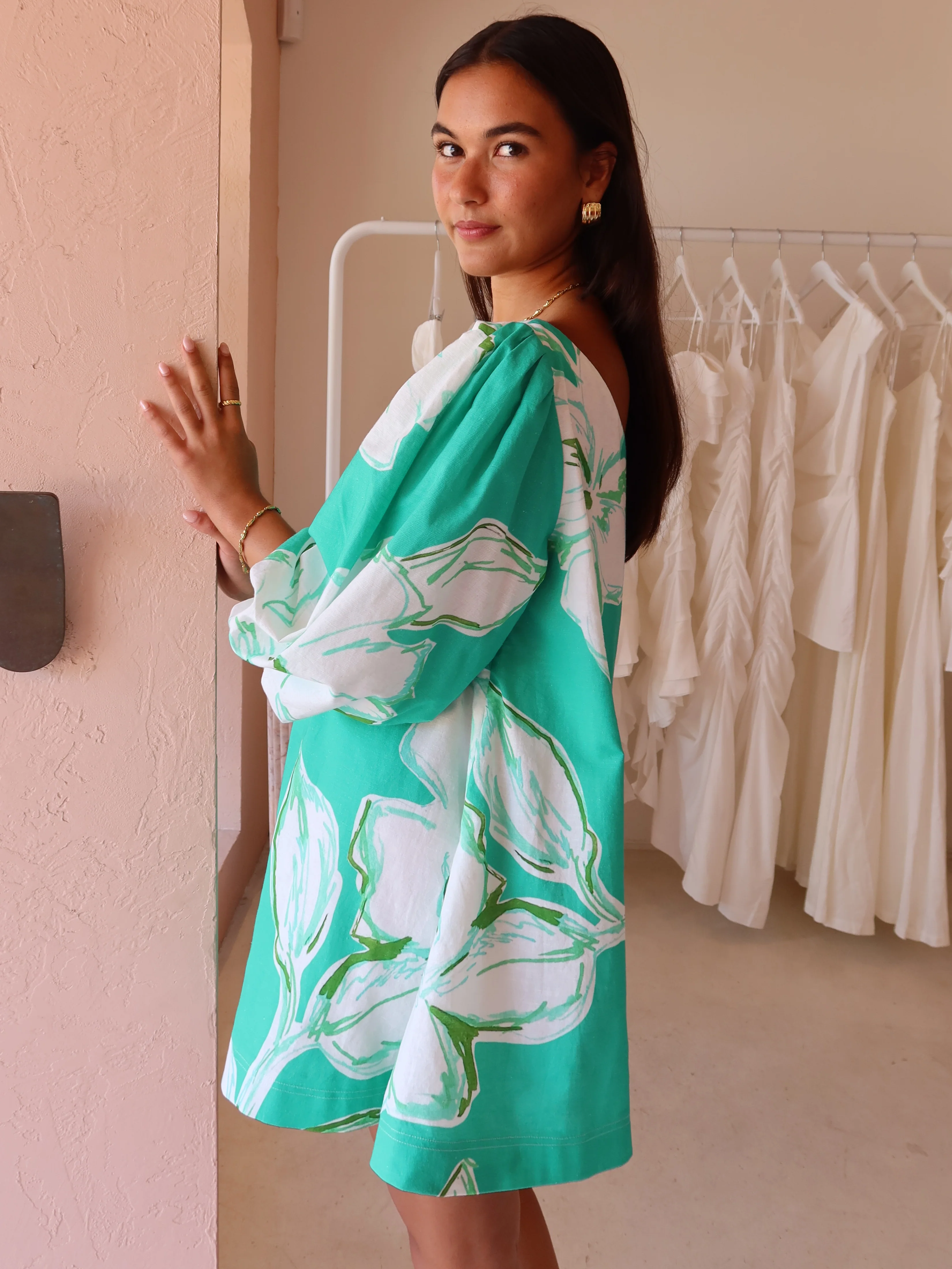 By Nicola Capri Off Shoulder Relaxed Mini Dress in Verde Fleur - Image 5