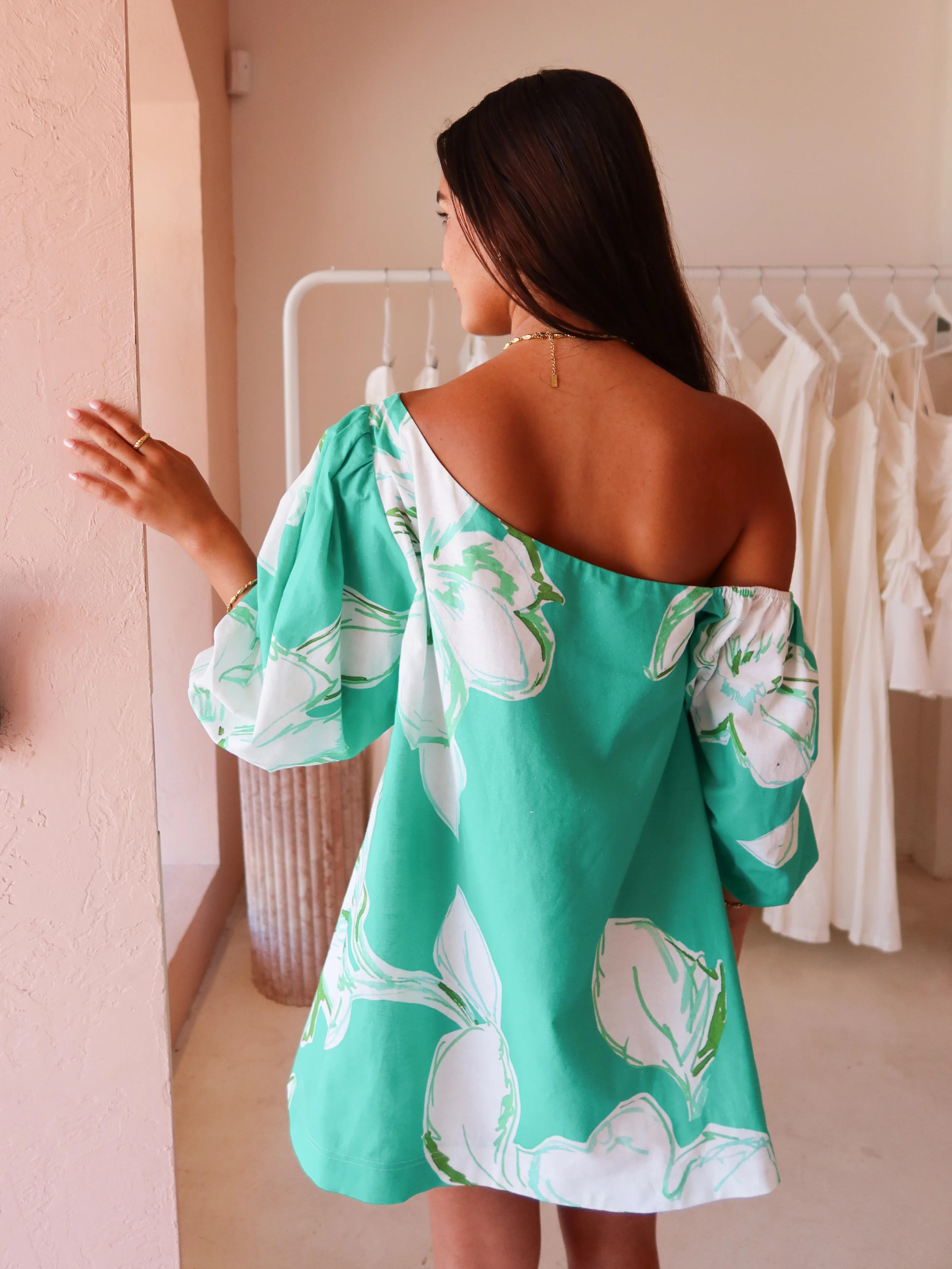 By Nicola Capri Off Shoulder Relaxed Mini Dress in Verde Fleur - Image 6