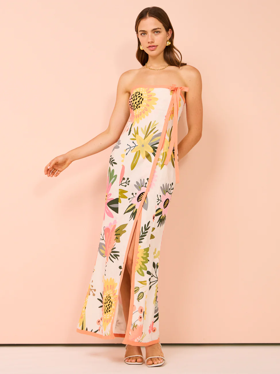 By Nicola Claudia Strapless Wrap Maxi Dress in Potpourri/Melon - Image 7