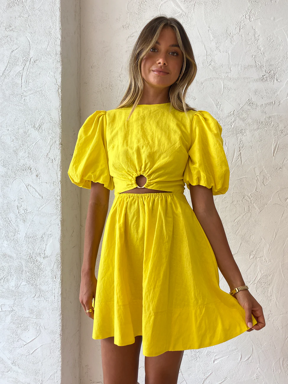 By Nicola Dahlia Ring Detail Mini Dress in Canary - Image 5