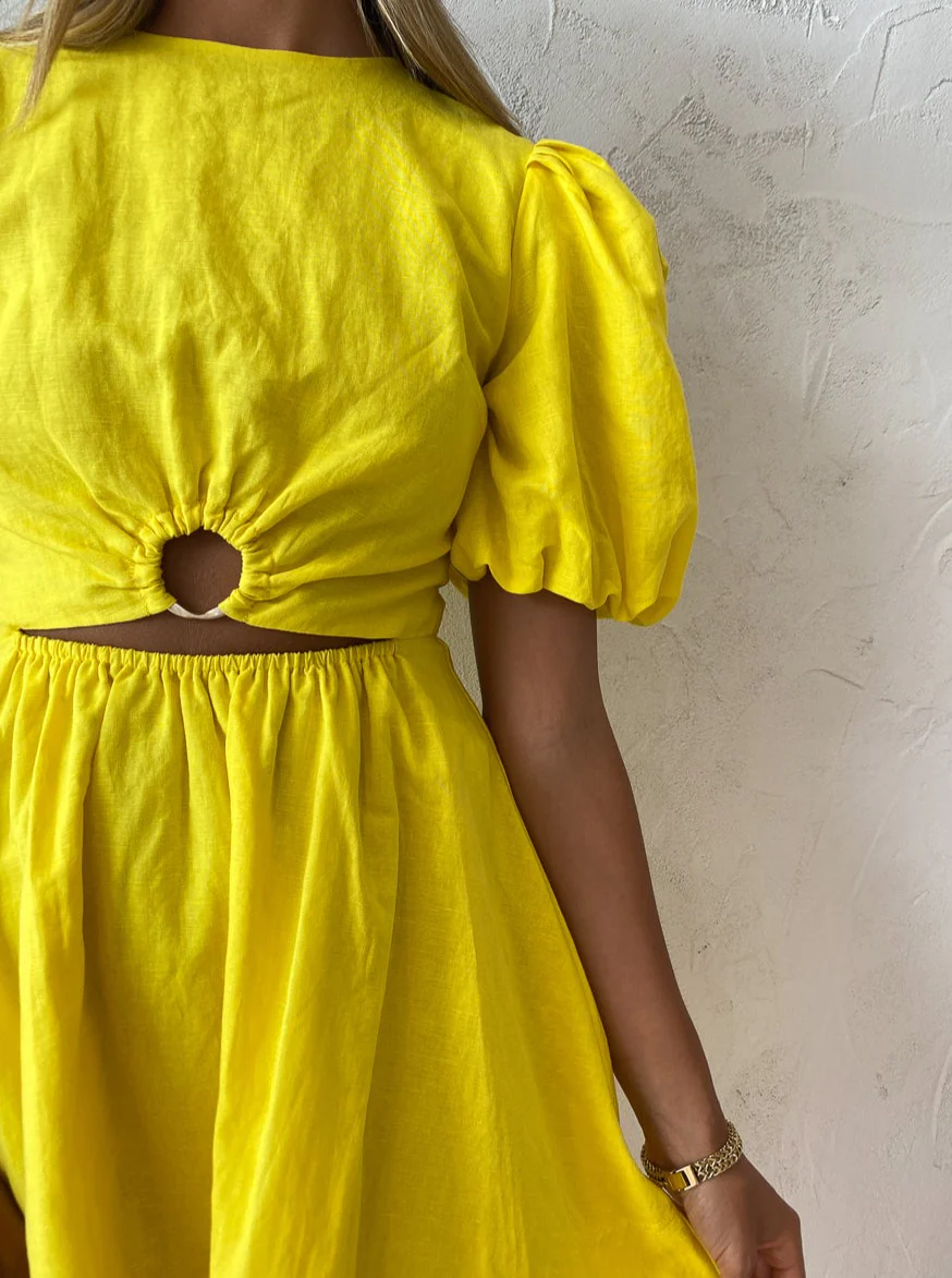 By Nicola Dahlia Ring Detail Mini Dress in Canary - Image 7