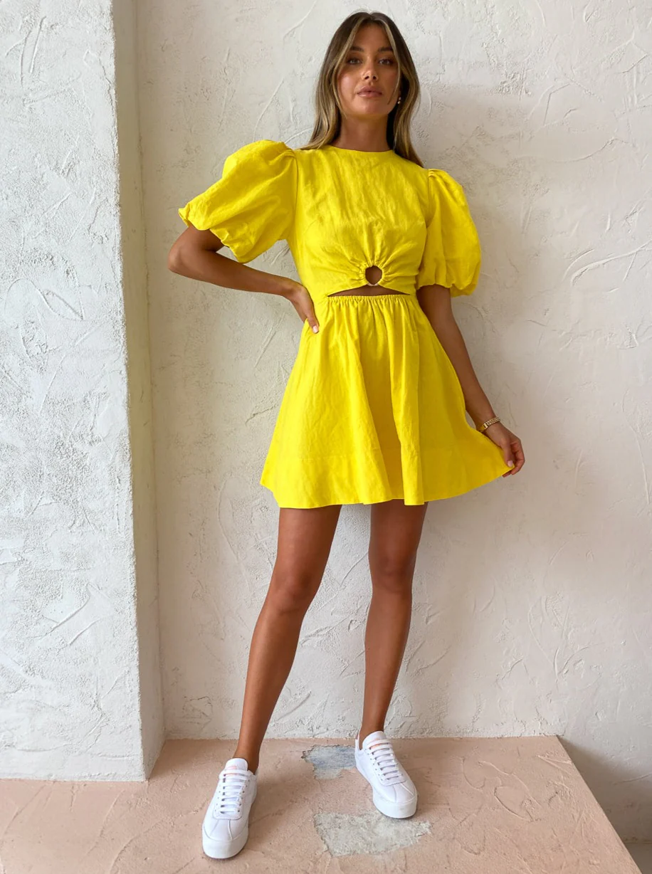 By Nicola Dahlia Ring Detail Mini Dress in Canary - Image 8