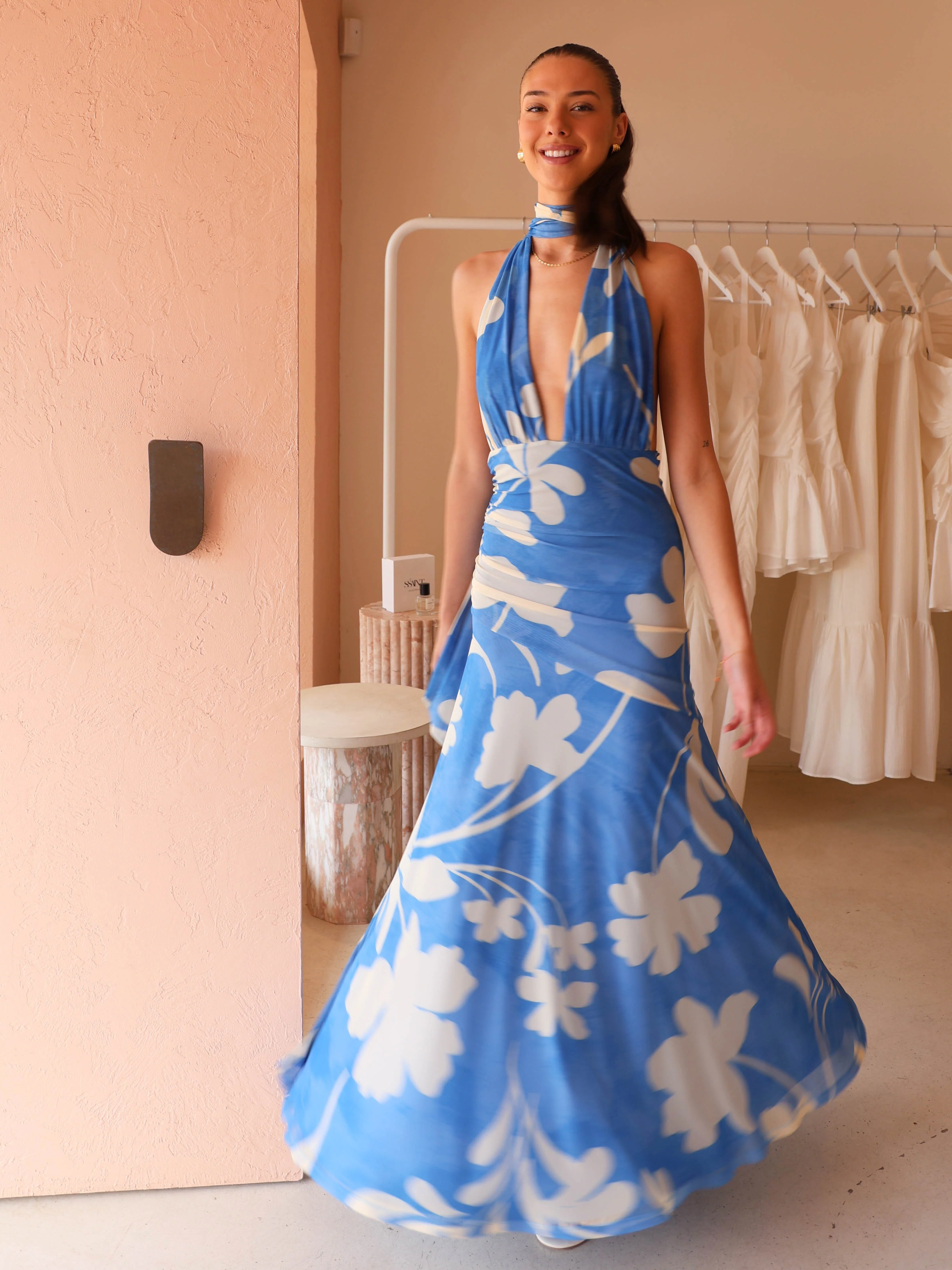 By Nicola Fiesta Halter Neck Maxi Dress in Capri