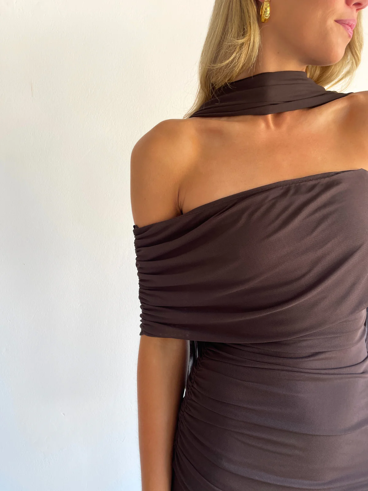 By Nicola Fiesta Off Shoulder Maxi Dress in Chocolate - Image 4