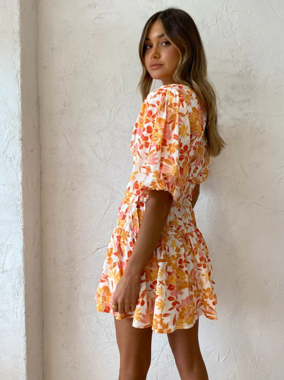 By Nicola Fiesta Stitch Waist Mini Dress in Holiday Floret - Image 10