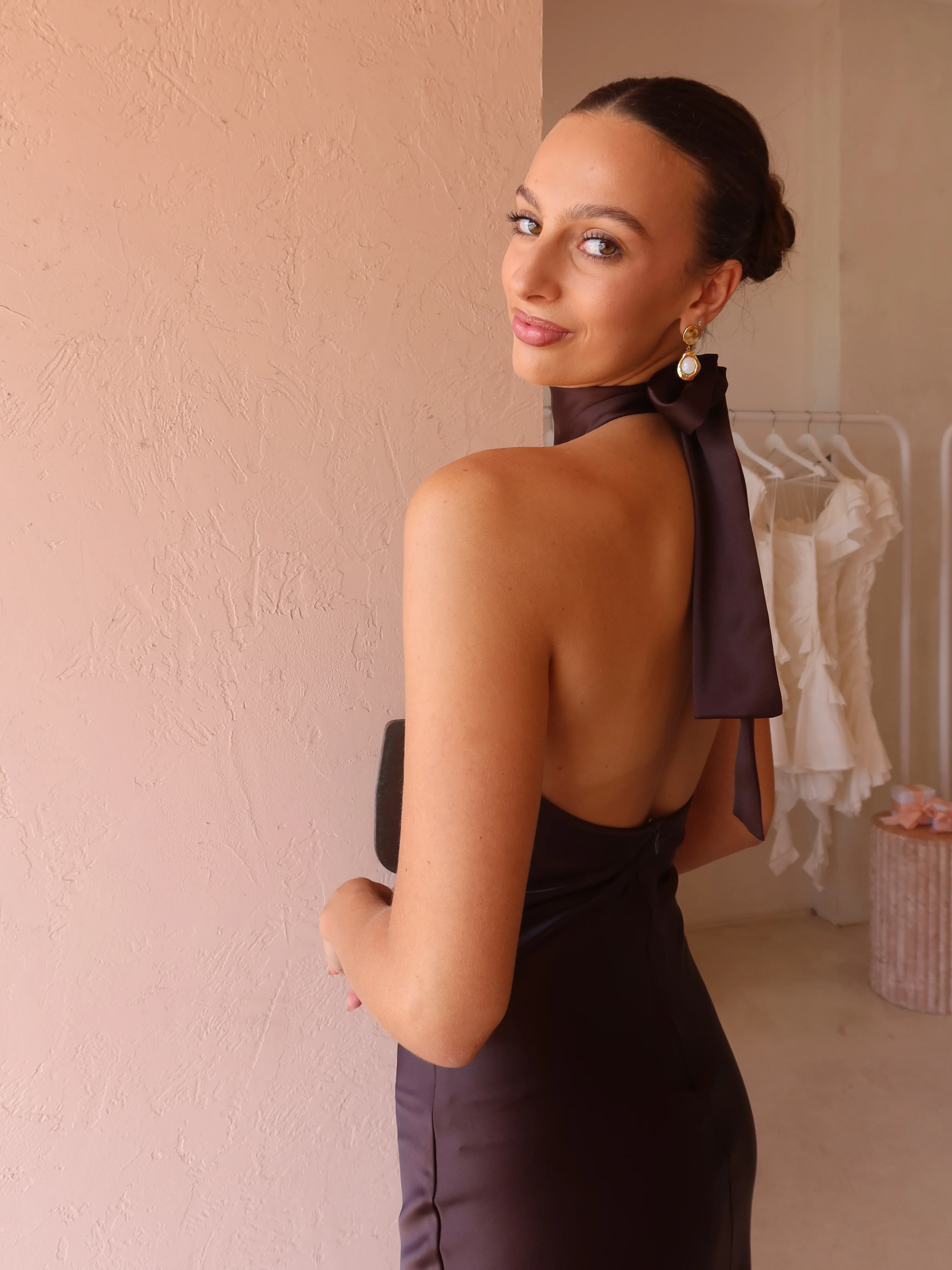 By Nicola Mia Tie Neck Dress in Chocolate - Image 3