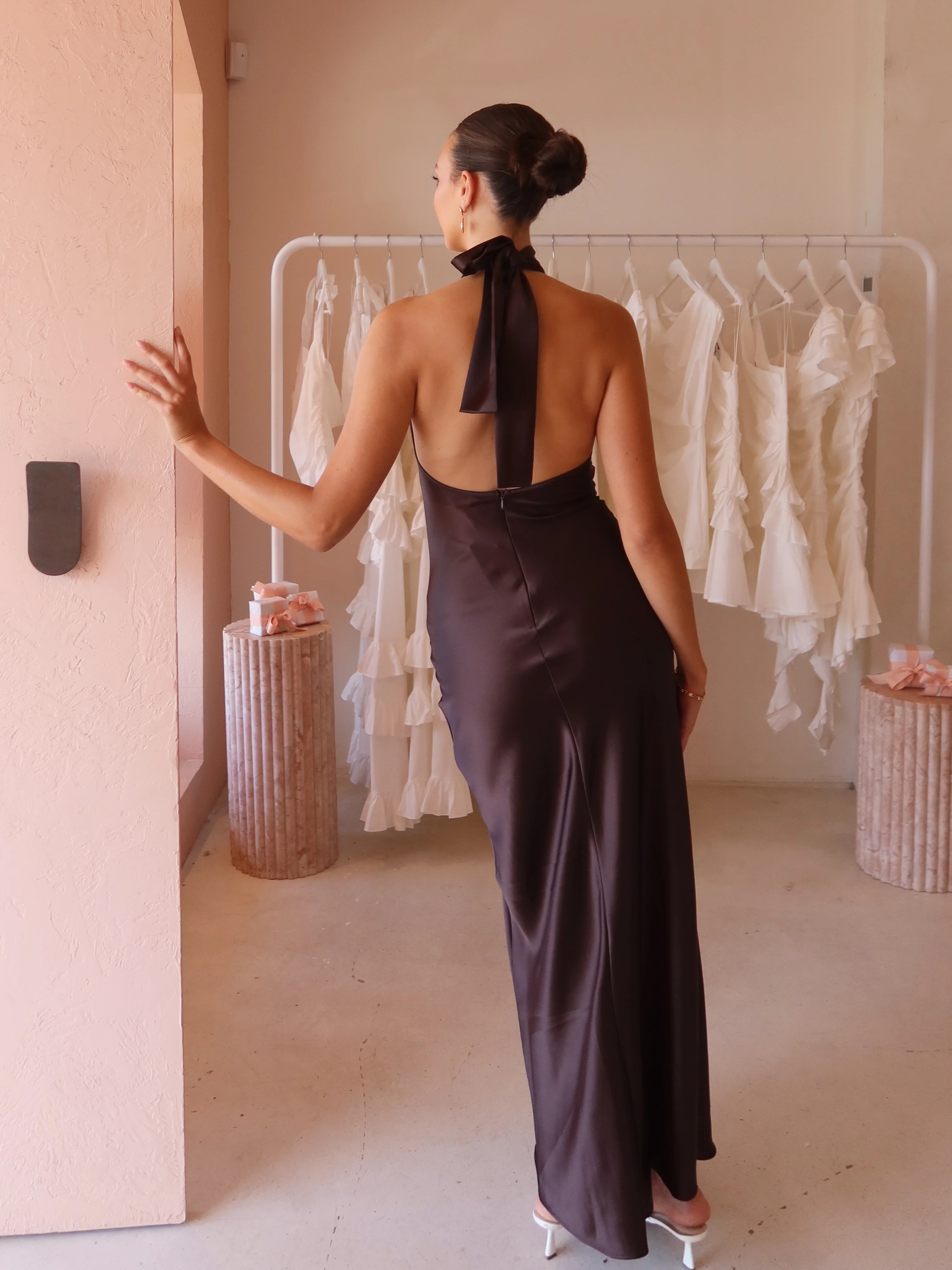By Nicola Mia Tie Neck Dress in Chocolate - Image 4