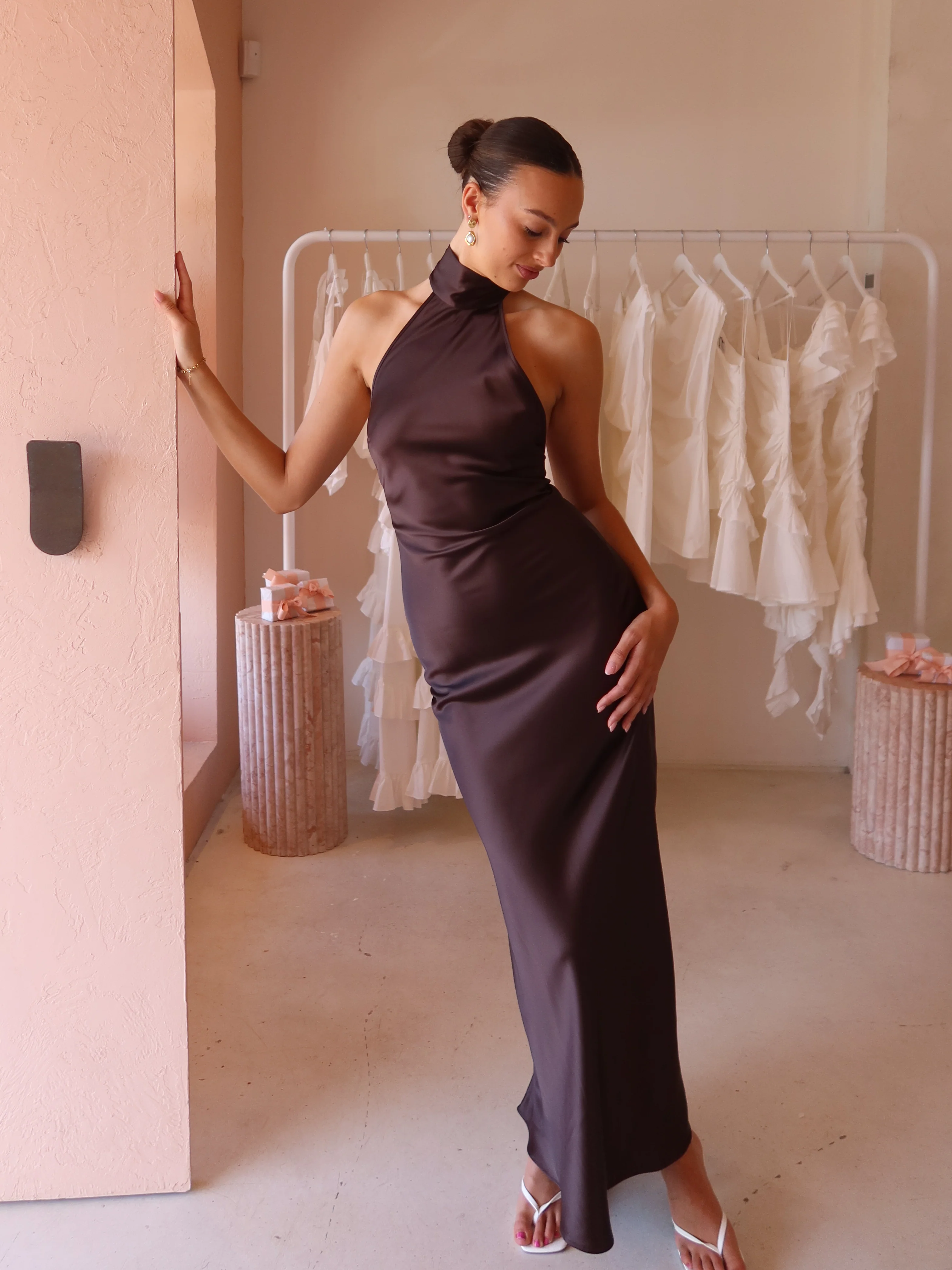 By Nicola Mia Tie Neck Dress in Chocolate - Image 5