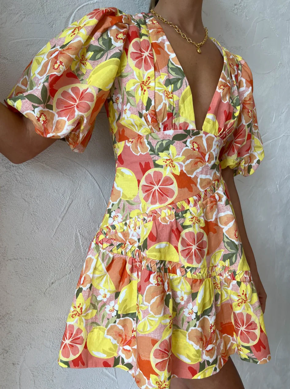 By Nicola Sol Puff Sleeve Mini Dress in Citrus Print - Image 6