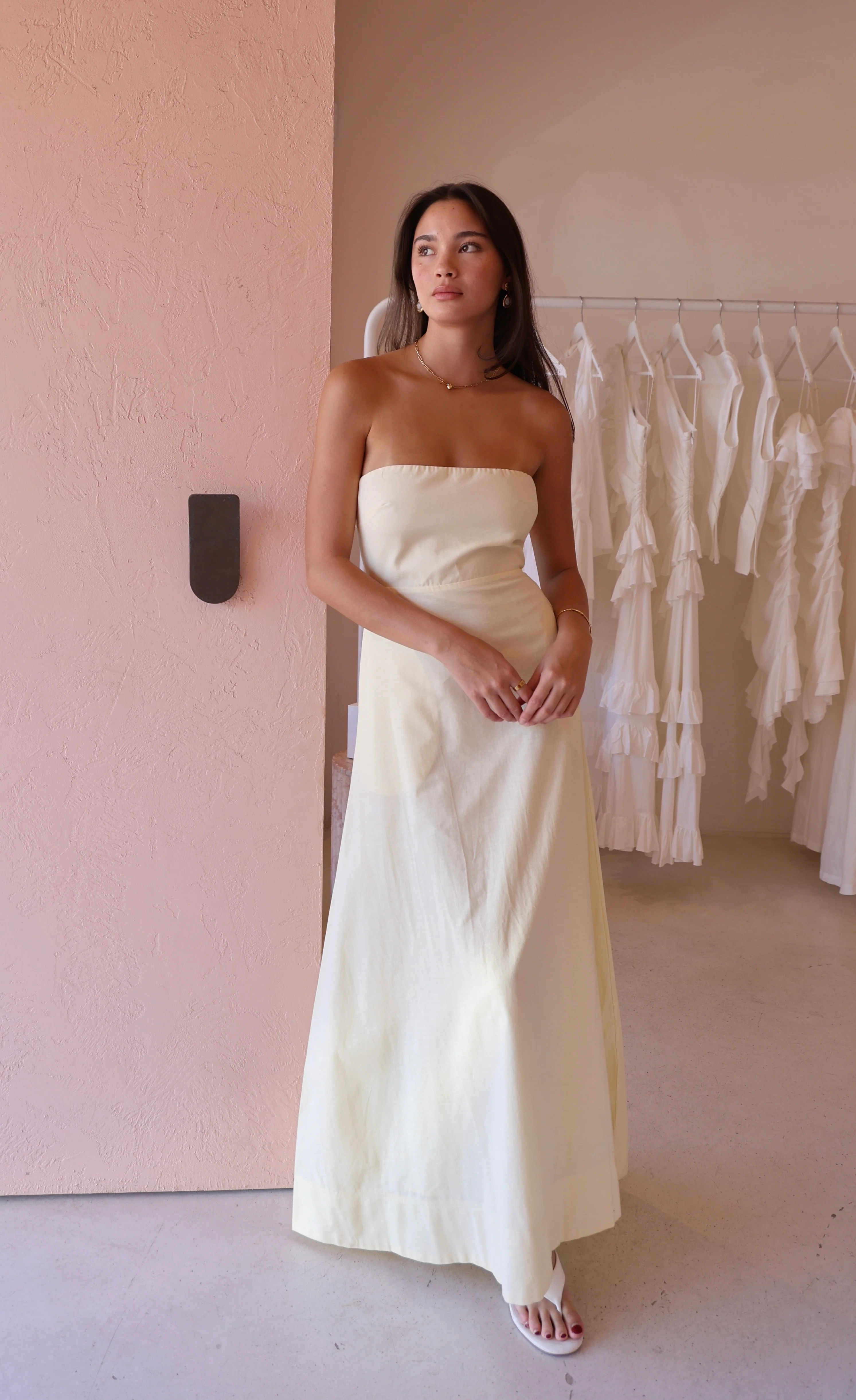 By Nicola Wavy Strapless Maxi Dress in Lemon