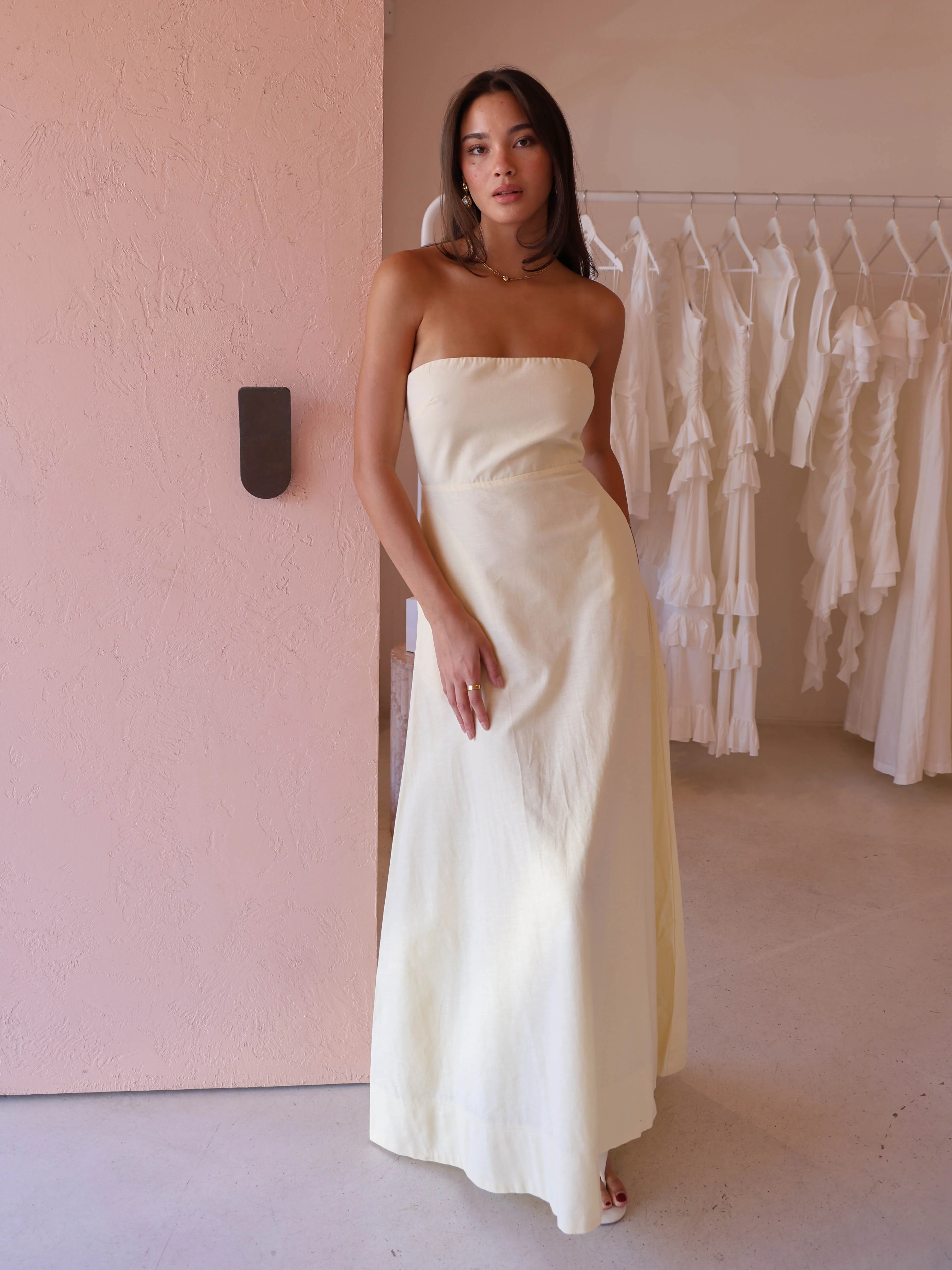 By Nicola Wavy Strapless Maxi Dress in Lemon - Image 3