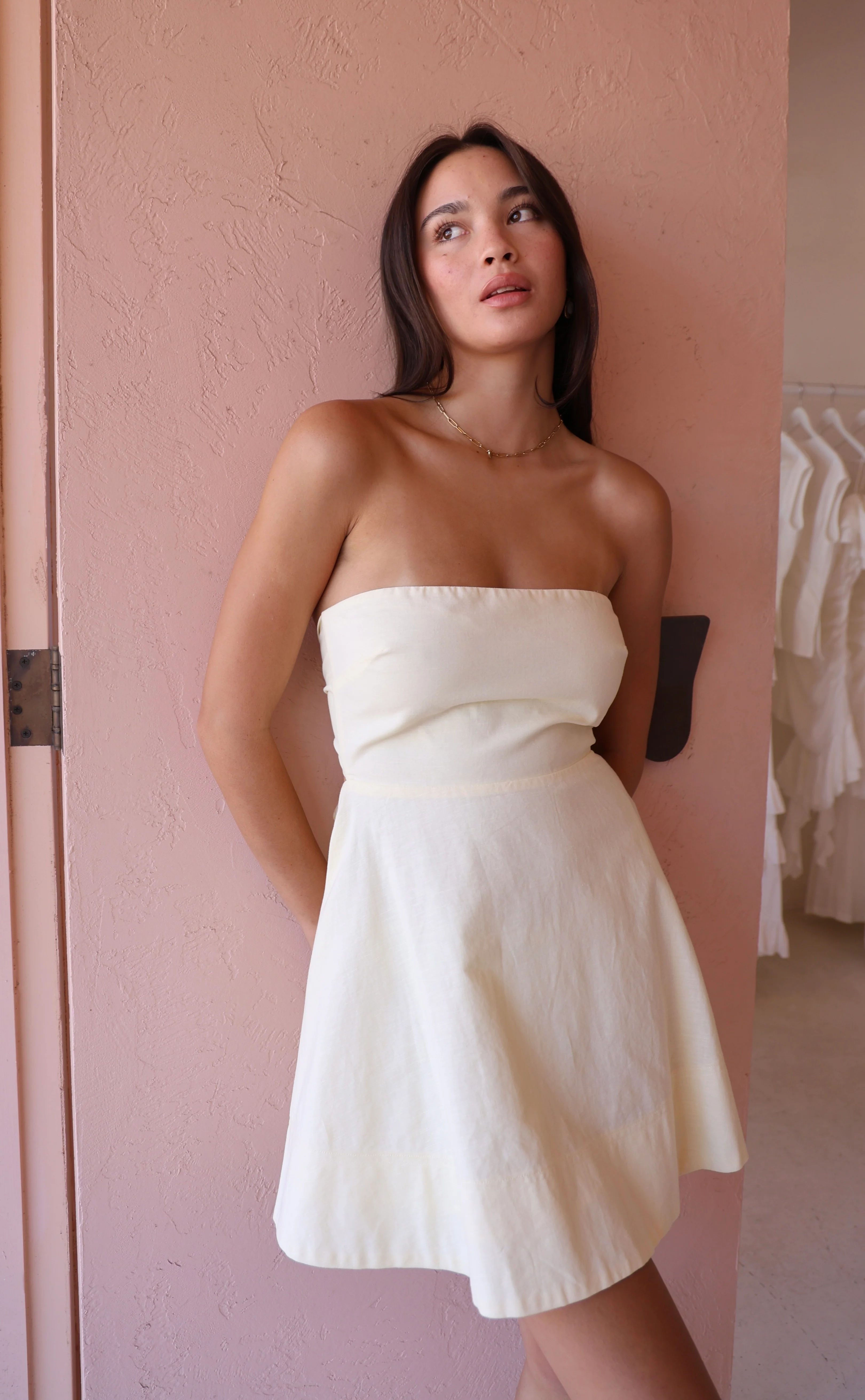By Nicola Wavy Strapless Mini Dress in Lemon - Image 4