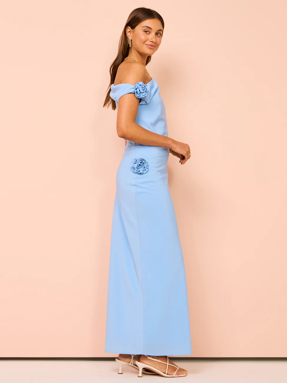 Issy Off Shoulder Flower Maxi Dress in Blue - Image 12