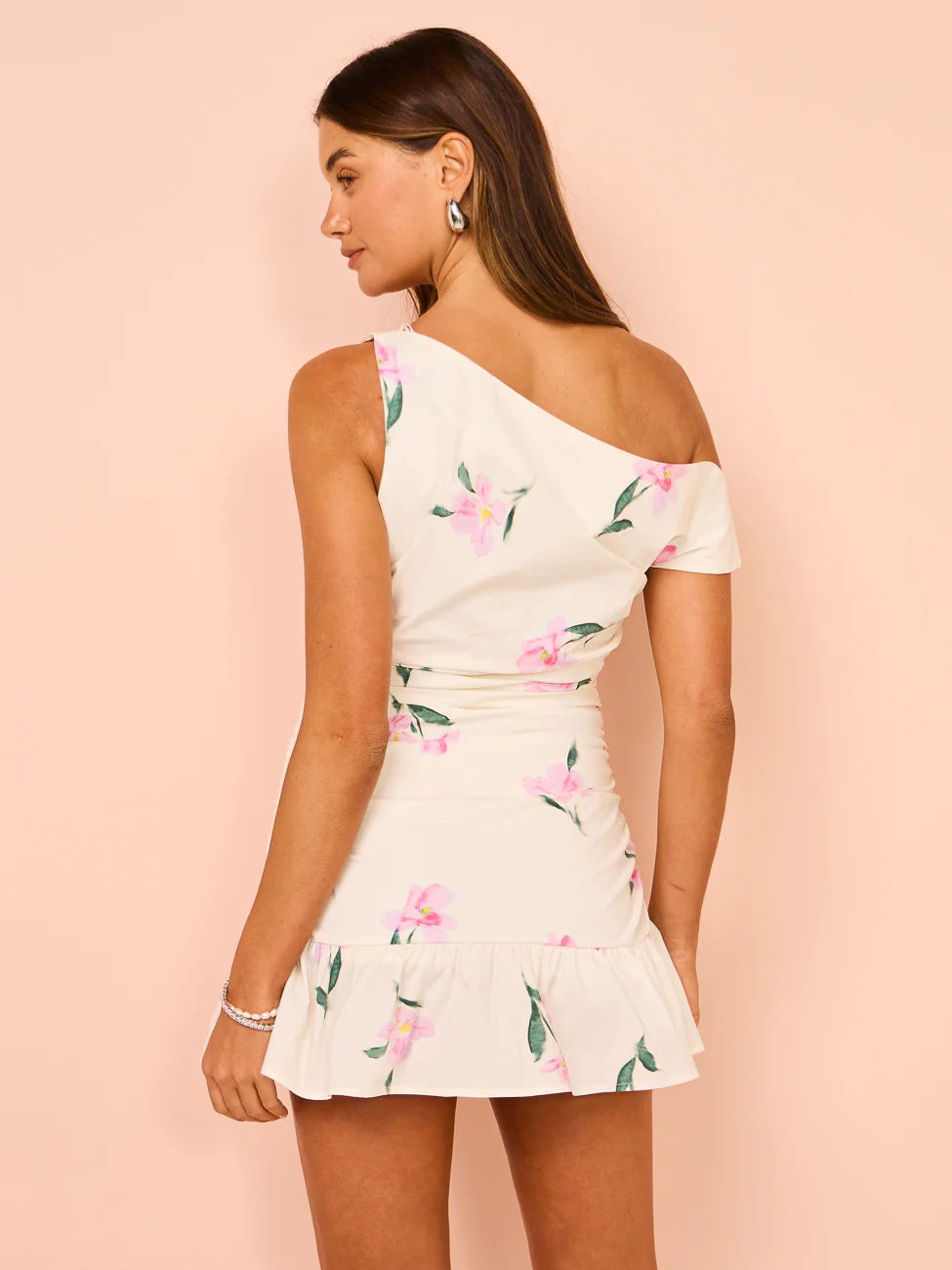 Issy One Shoulder Rouched Mini Dress in Rose Print - Image 6