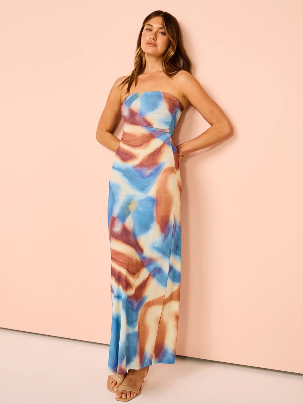 Issy Strapless Maxi Dress in Blue Marble - Image 2