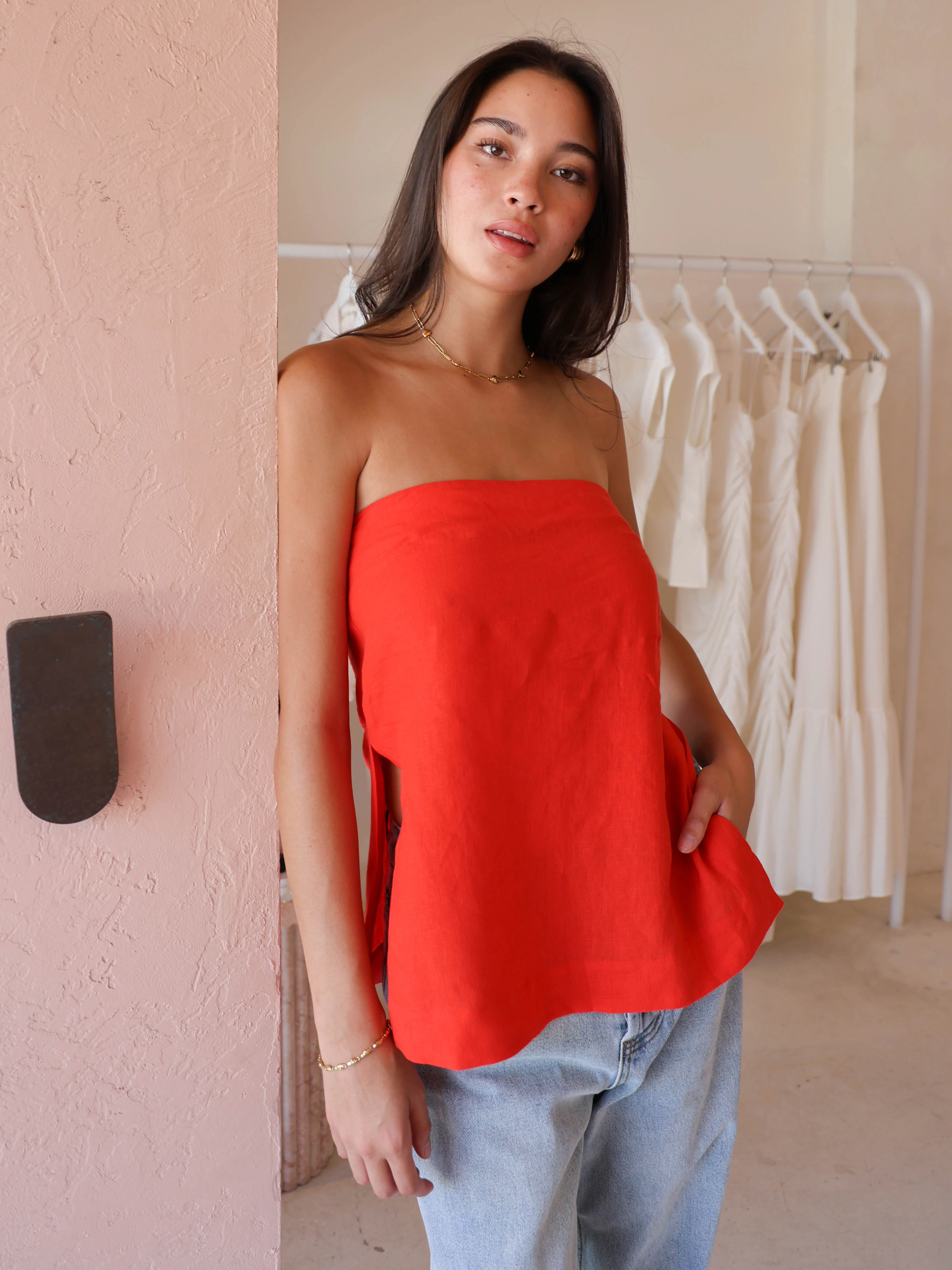 New Romantics Darcy Strapless Split Top in Tangerine - Image 3
