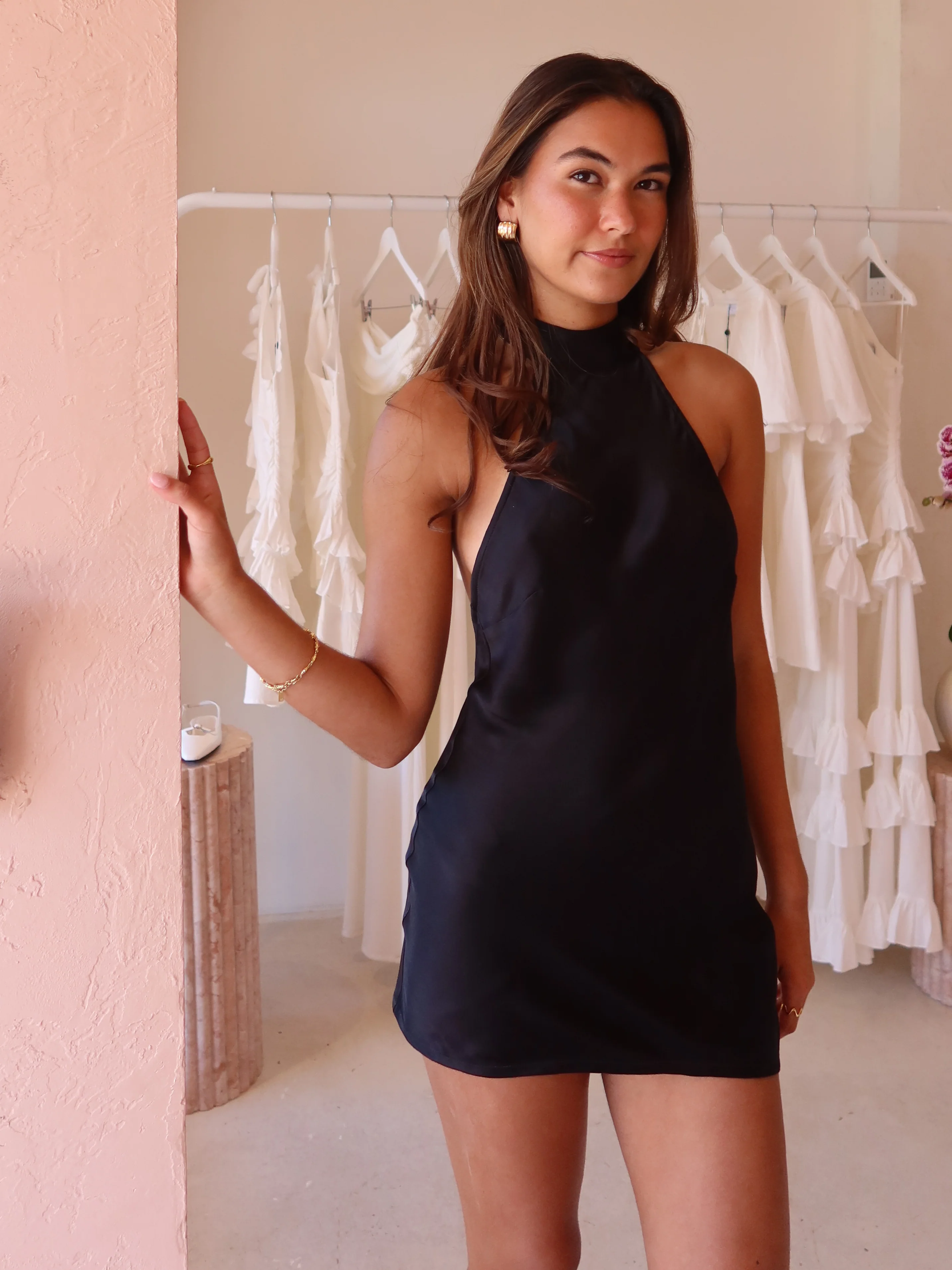 New Romantics Henri Tie Neck Mini Dress in Onyx - Image 3