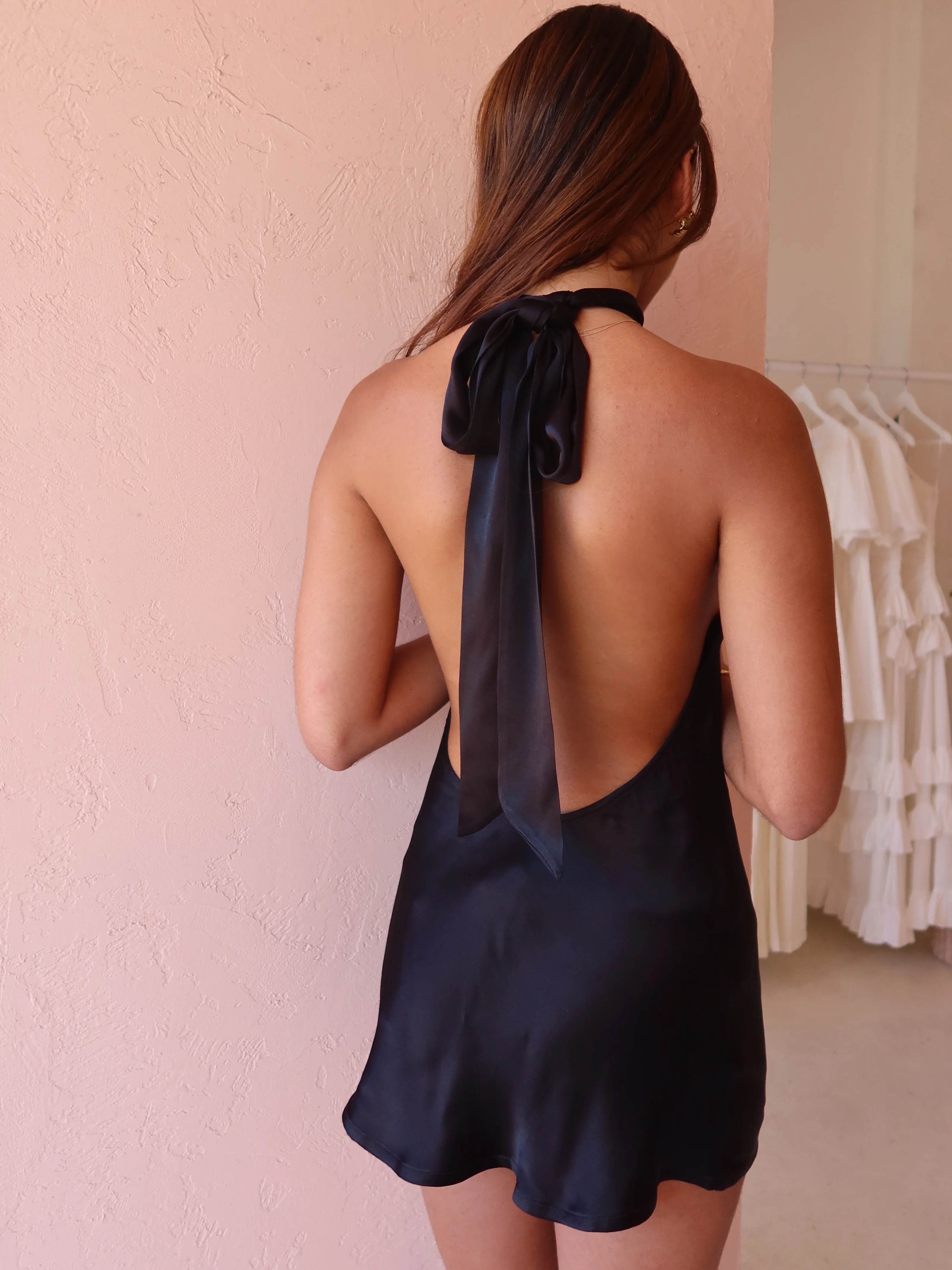 New Romantics Henri Tie Neck Mini Dress in Onyx - Image 4