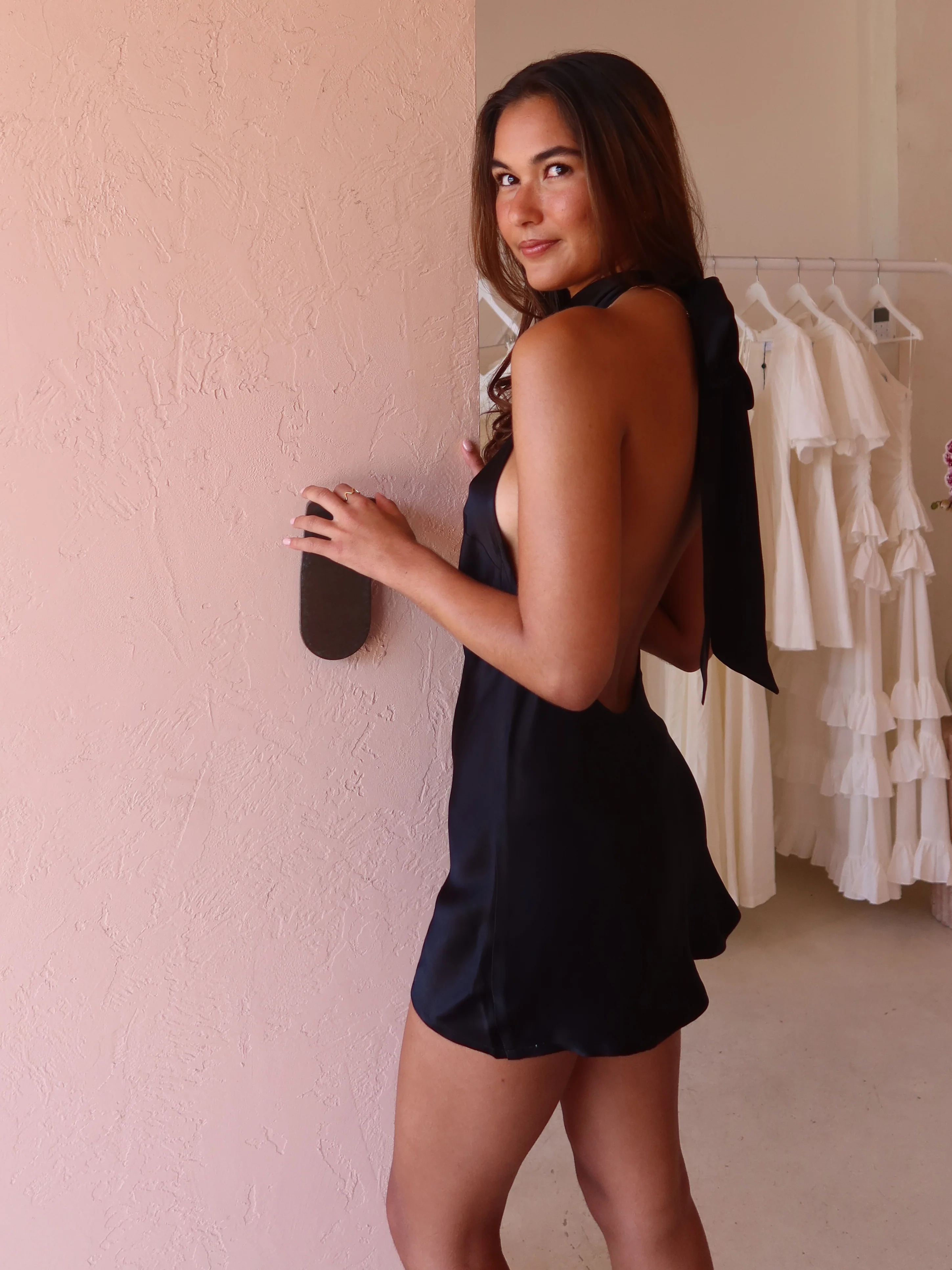 New Romantics Henri Tie Neck Mini Dress in Onyx - Image 6