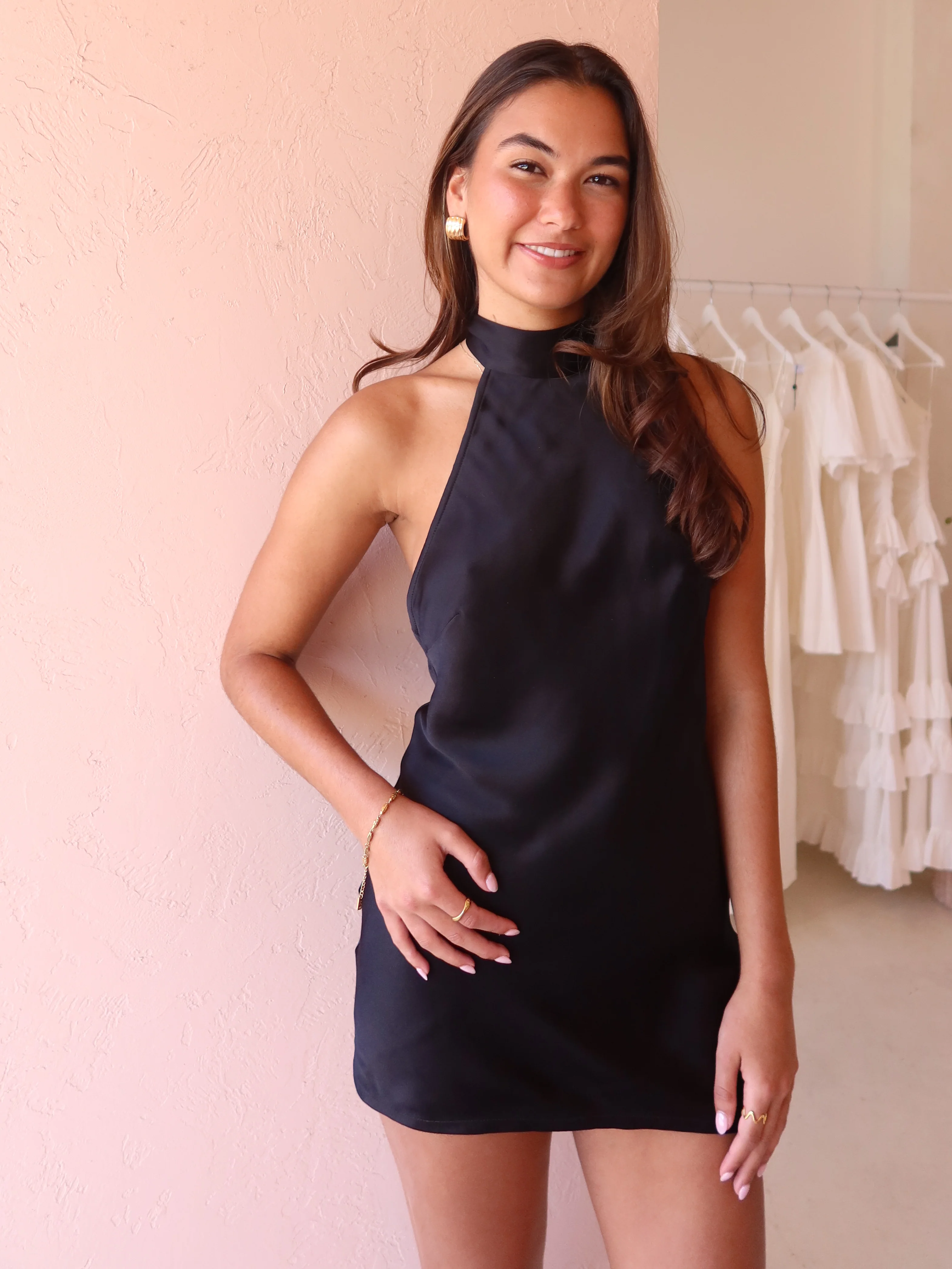 New Romantics Henri Tie Neck Mini Dress in Onyx - Image 8