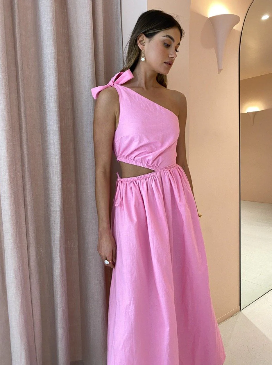 By Nicola Gabriella One Shoulder Midi Dress in Pink Grapefruit - Image 2