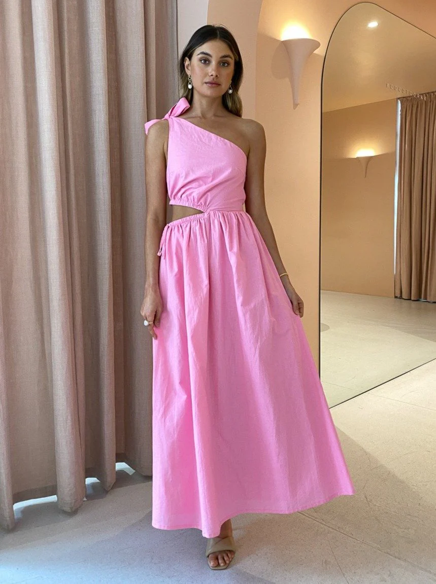 By Nicola Gabriella One Shoulder Midi Dress in Pink Grapefruit - Image 3
