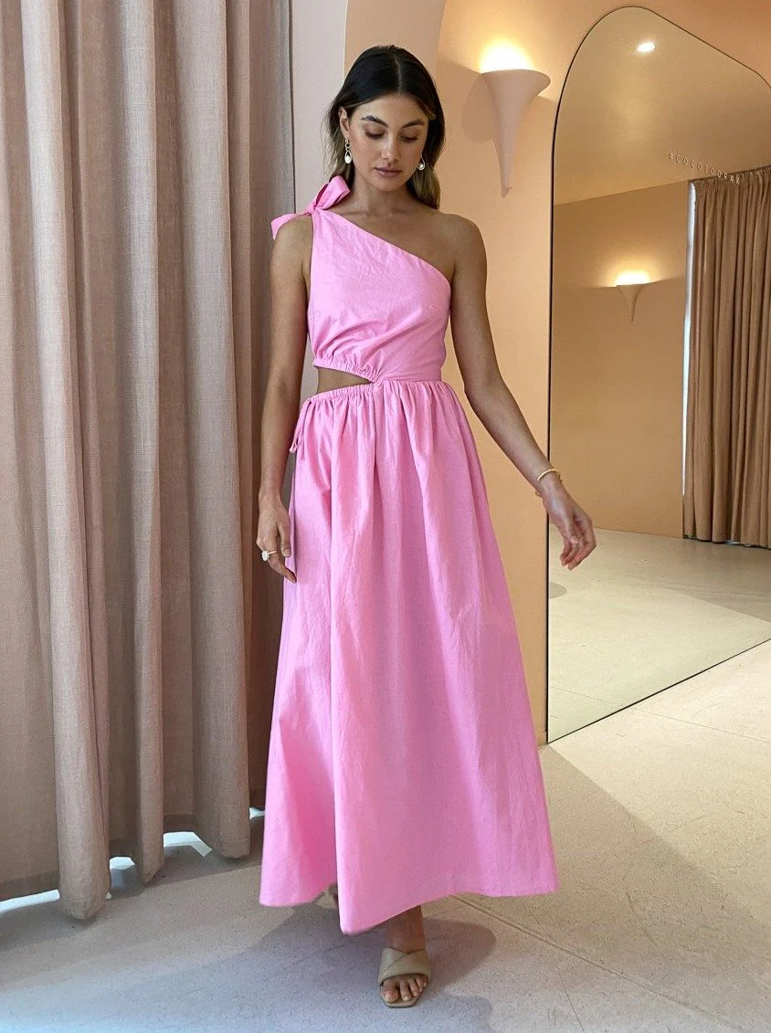 By Nicola Gabriella One Shoulder Midi Dress in Pink Grapefruit - Image 5
