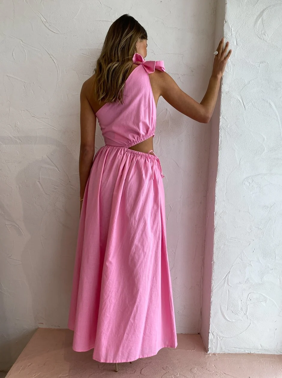 By Nicola Gabriella One Shoulder Midi Dress in Pink Grapefruit - Image 8